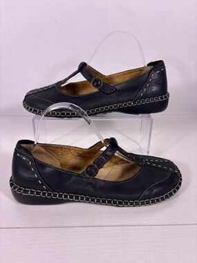 Josef Seibel Black Leather Mary Jane Flats Contrast Stitching Comfort Shoes 41